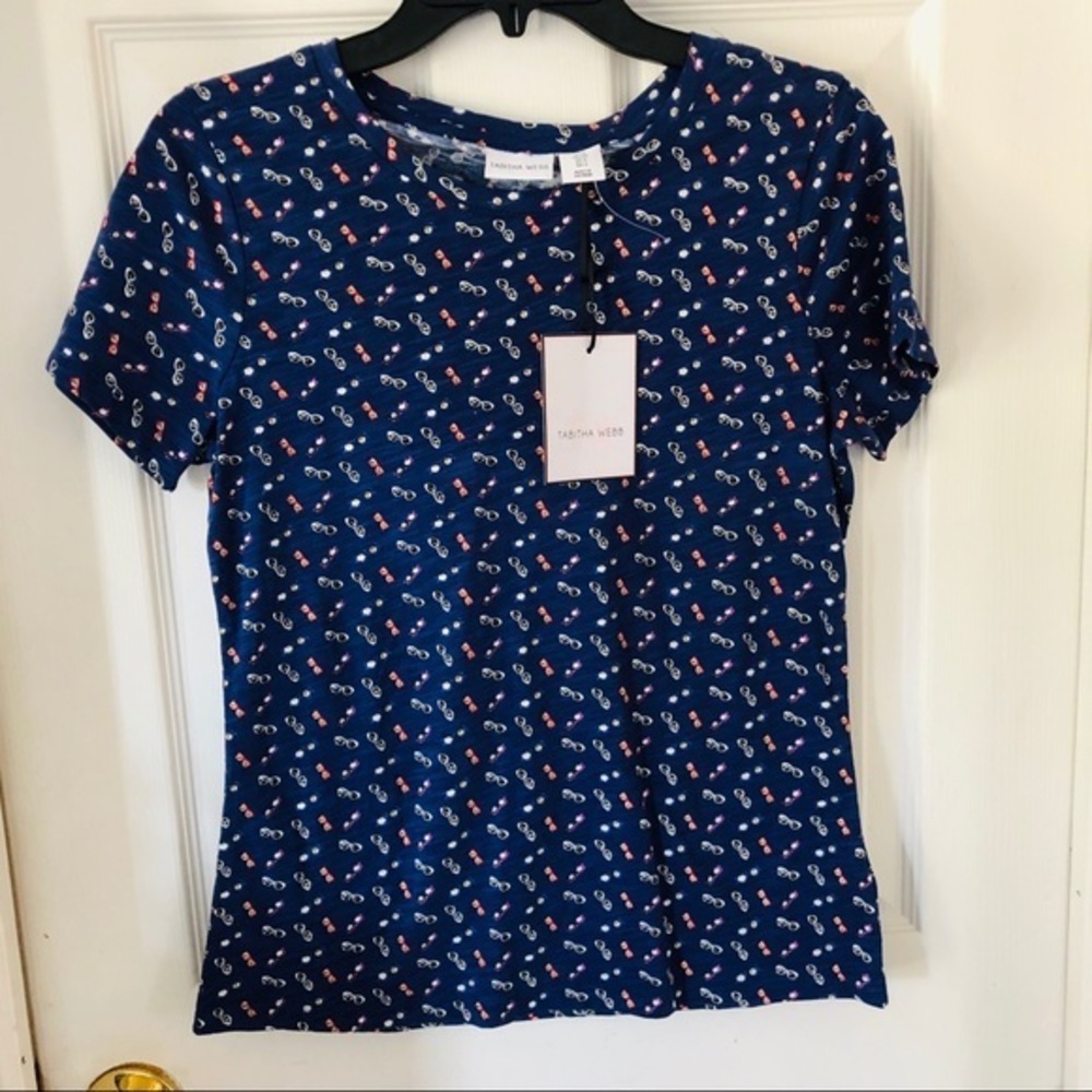 NWT TABITHA WEBB Navy sunglasses novelty graphic print cotton shirt Size small